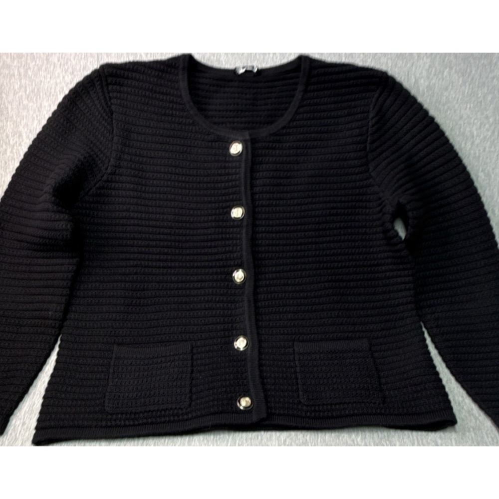 Hilary Radley Ribbed Knit Cardigan Sweater Black Button Pockets Women's L